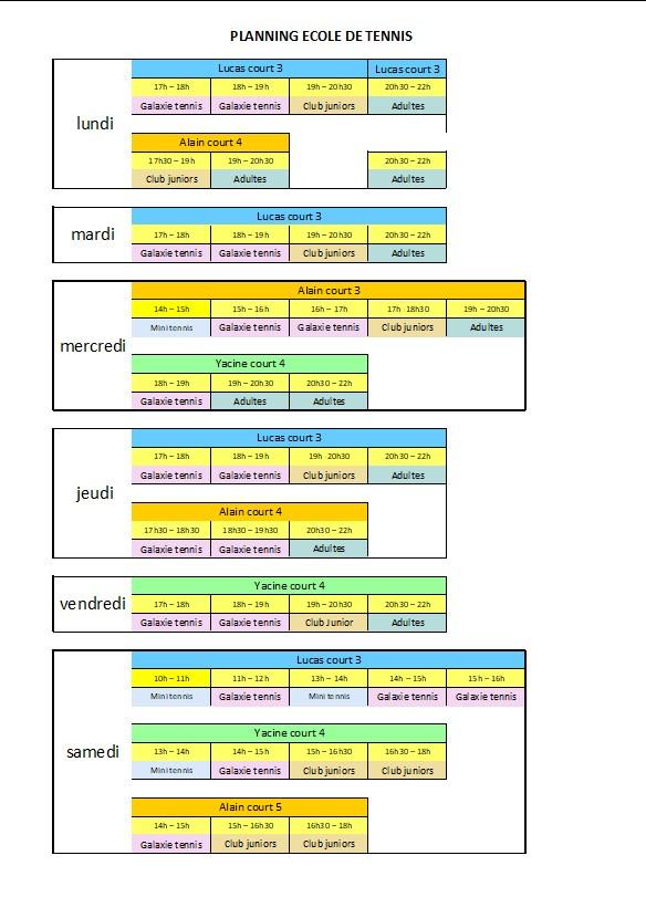 Planning ecole de tennis